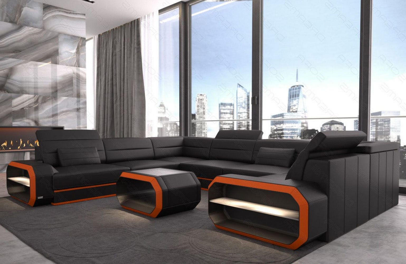 Leder Wohnlandschaft Verona U-Form Mini Schwarz-Orange