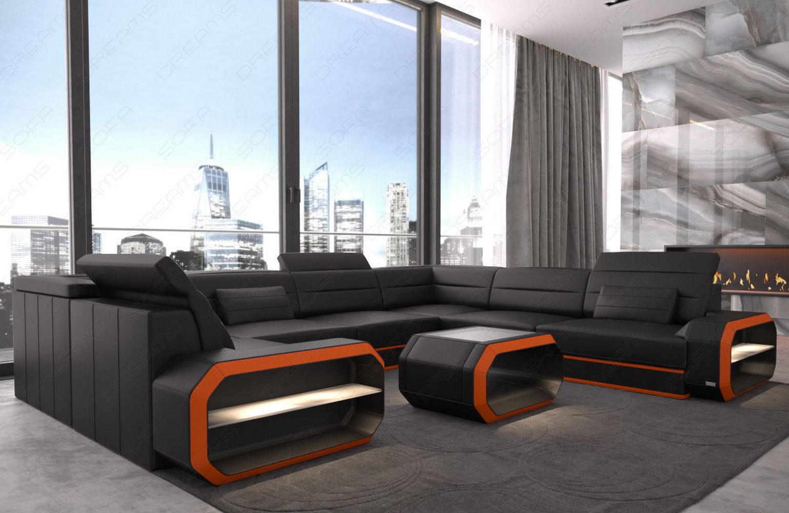 Leder Wohnlandschaft Verona U-Form Mini Schwarz-Orange