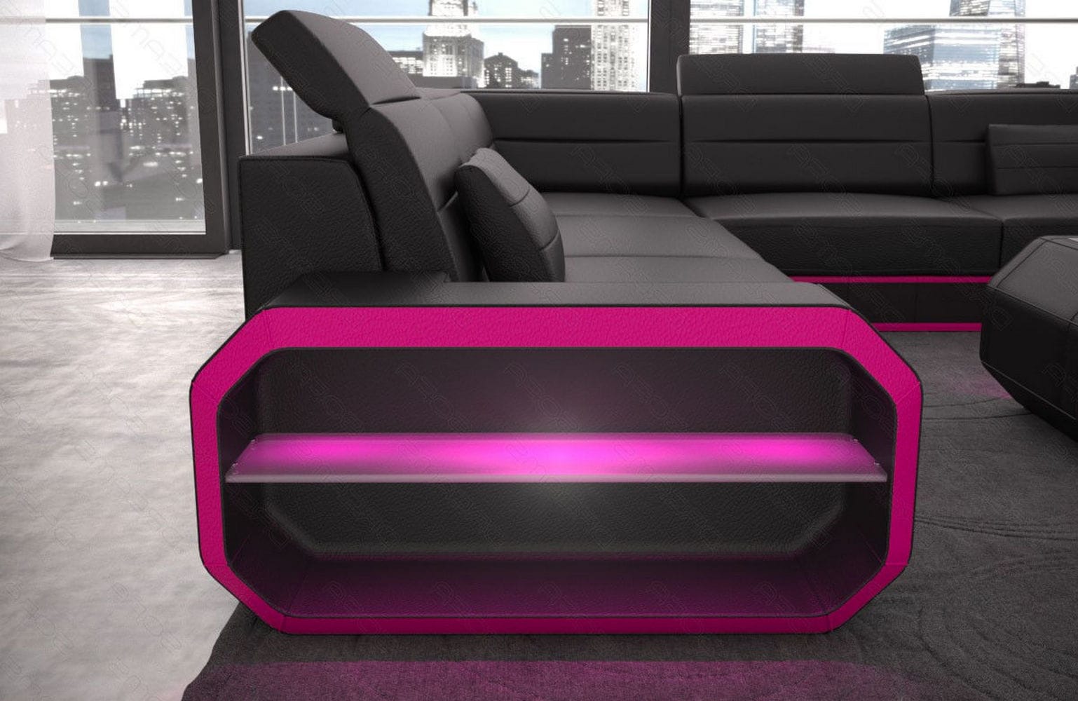 Leder Wohnlandschaft Verona U-Form Mini Schwarz-Pink