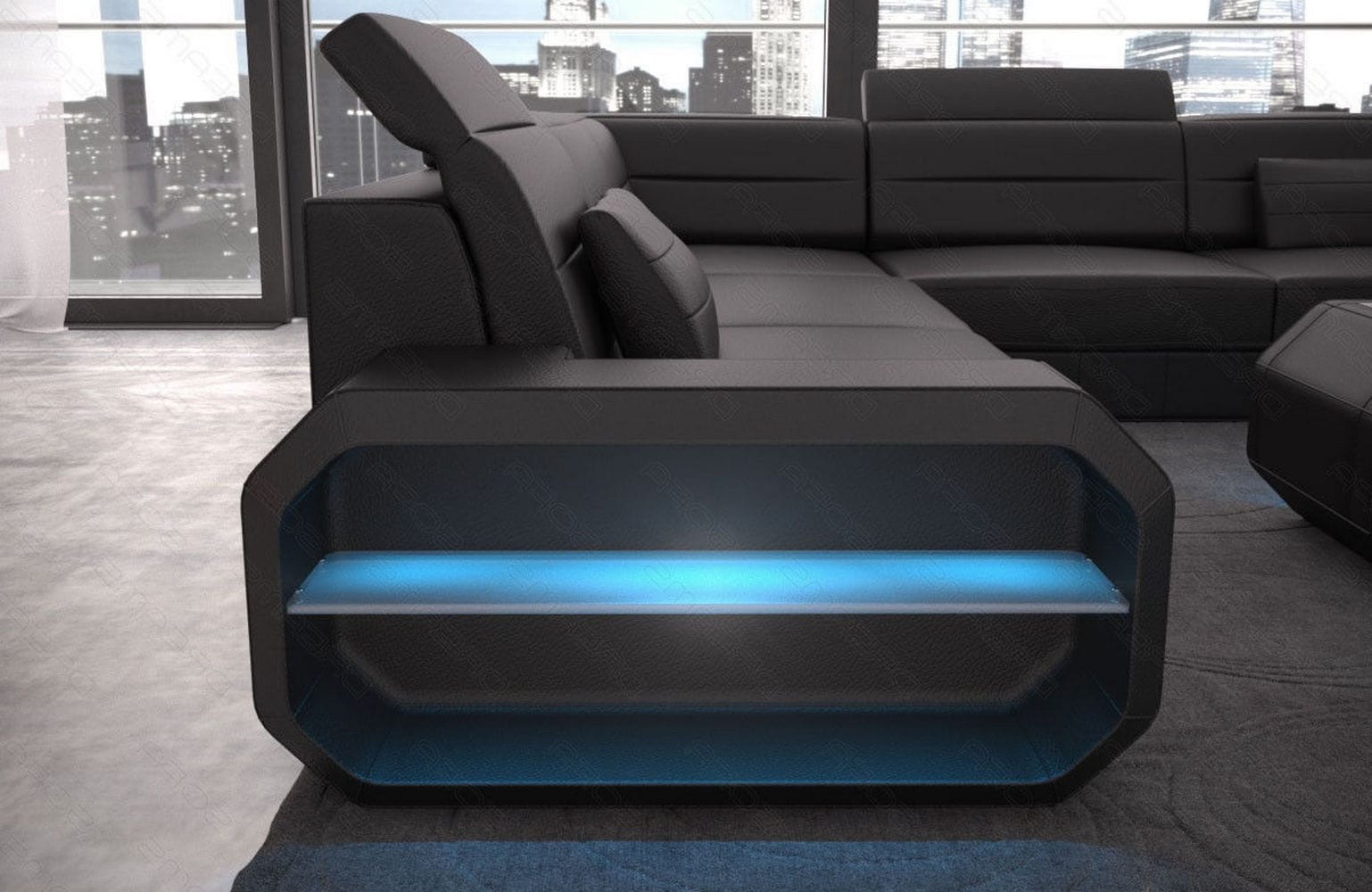 Leder Wohnlandschaft Verona U-Form Mini Schwarz