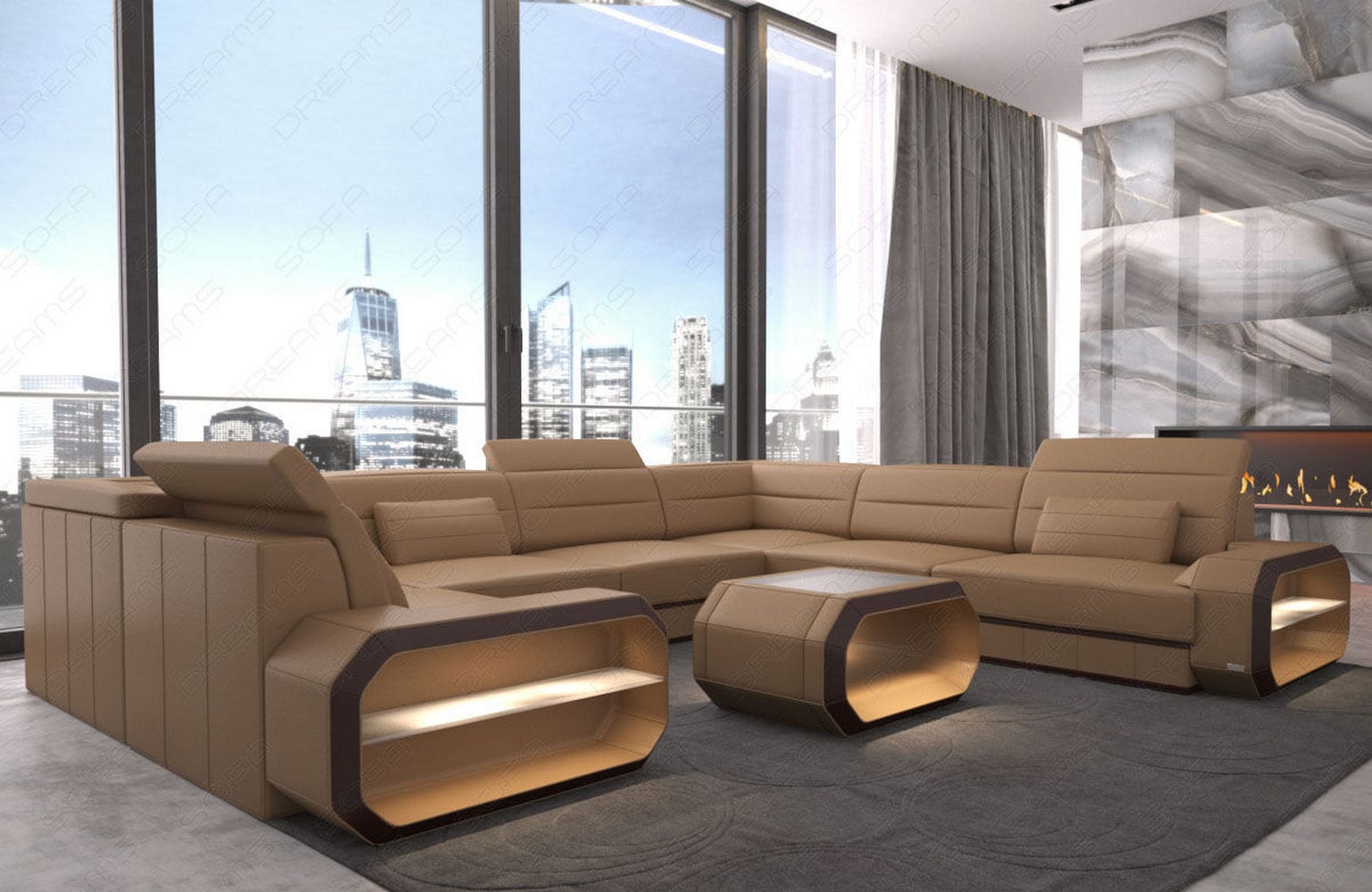 Leder Wohnlandschaft Verona U-Form Mini Sandbeige-Dunkelbraun