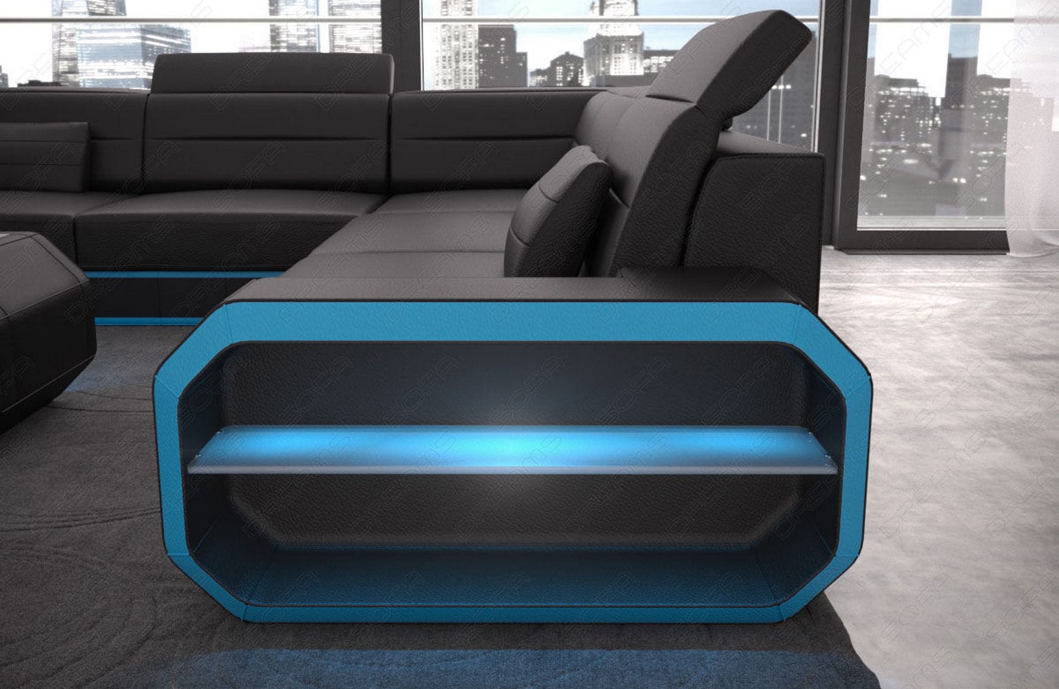 Leder Wohnlandschaft Verona U-Form Mini Schwarz-Blau