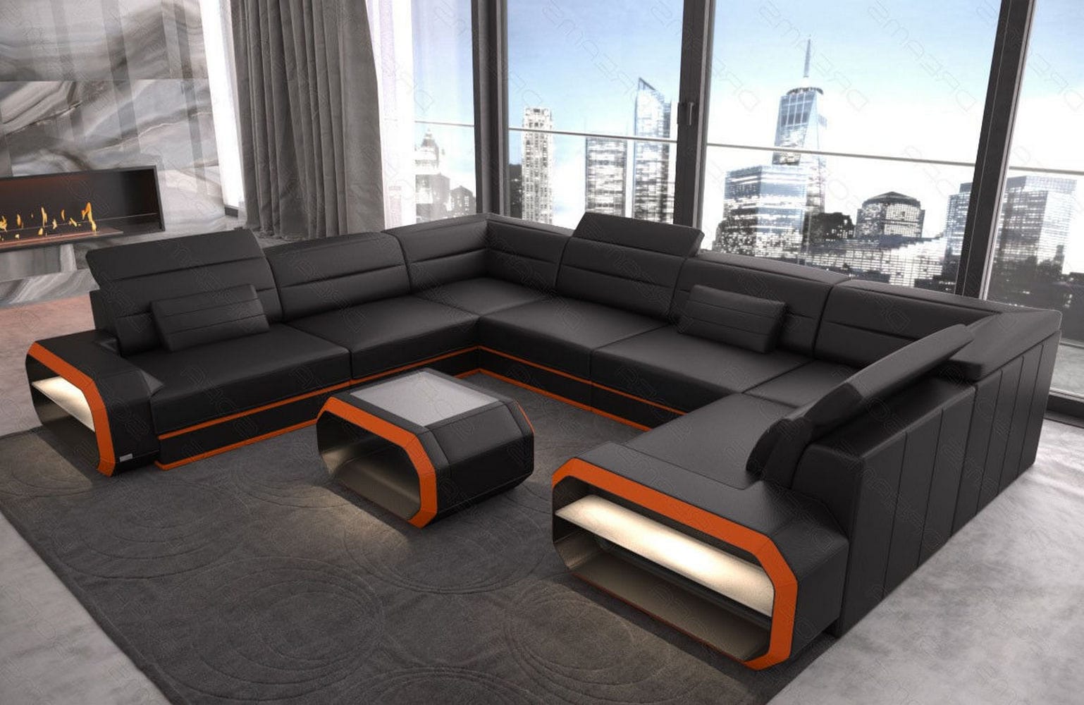 Leder Wohnlandschaft Verona U-Form Mini Schwarz-Orange