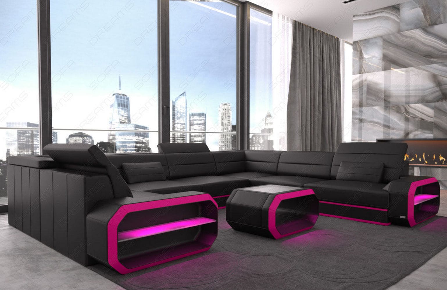 Leder Wohnlandschaft Verona U-Form Mini Schwarz-Pink