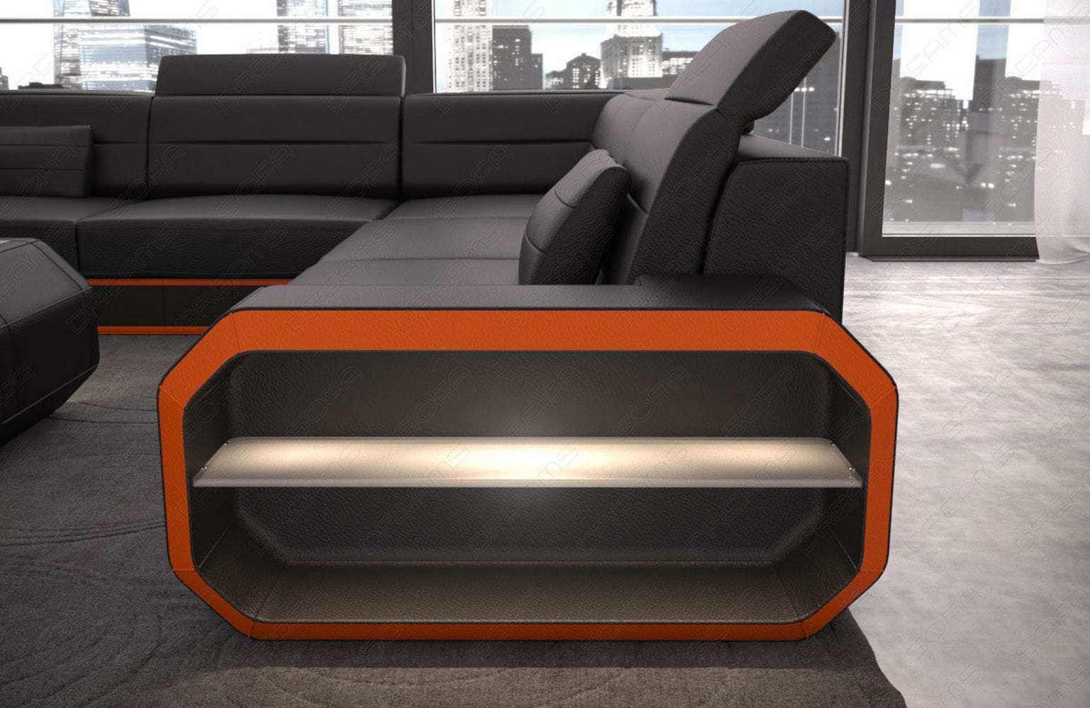 Leder Wohnlandschaft Verona U-Form – Komfort schwarz-orange