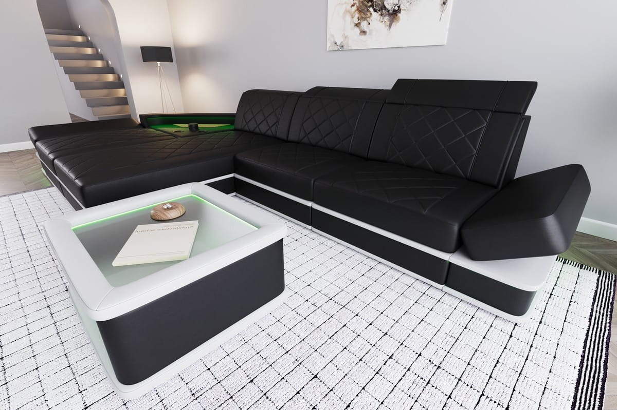 Ecksofa Perugia L-Form aus Leder schwarz-weiß