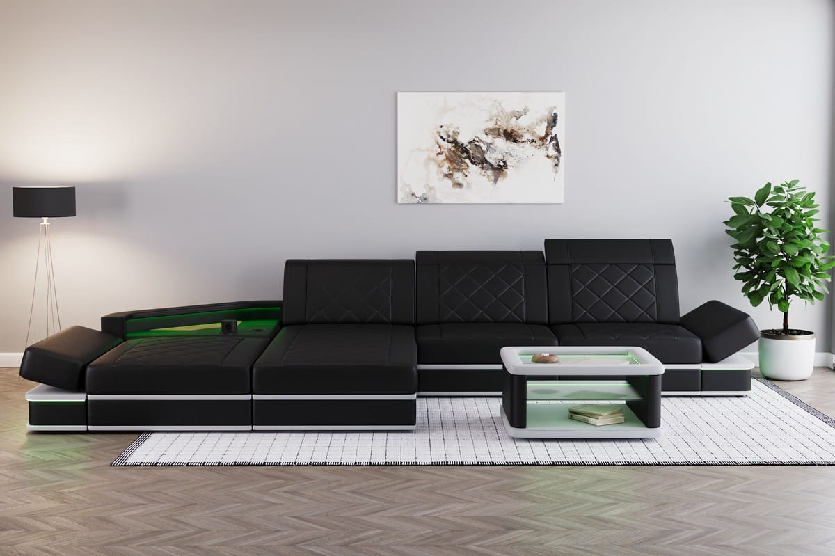 Ecksofa Perugia L-Form aus Leder schwarz-weiß