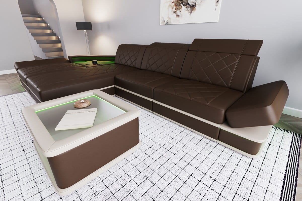 Ecksofa Perugia L-Form aus Leder dunkelbraun-beige