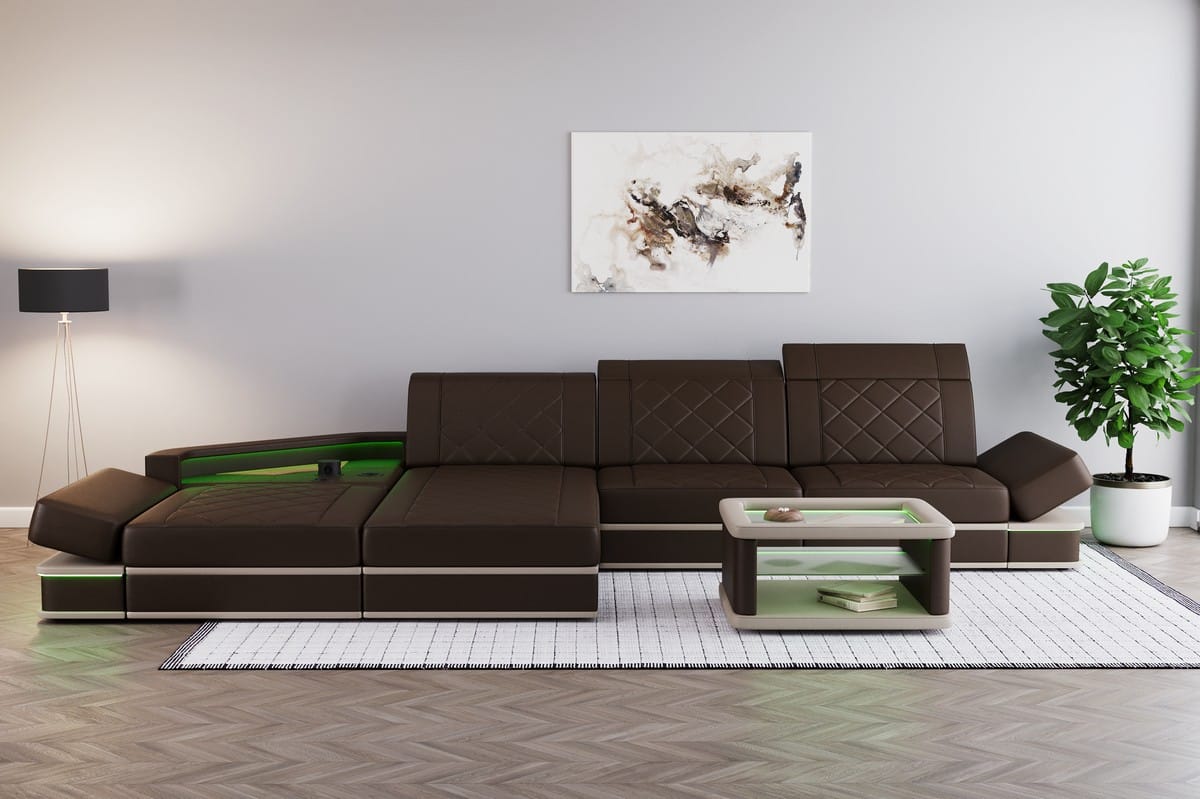 Ecksofa Perugia L-Form aus Leder dunkelbraun-beige