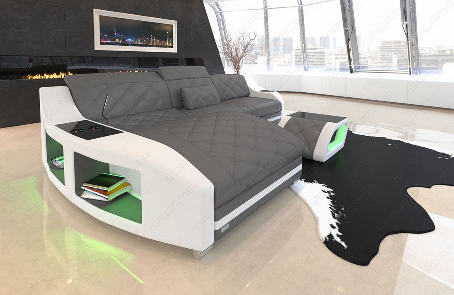 Mini Couch Swing L-Form in Leder Grau-Weiß