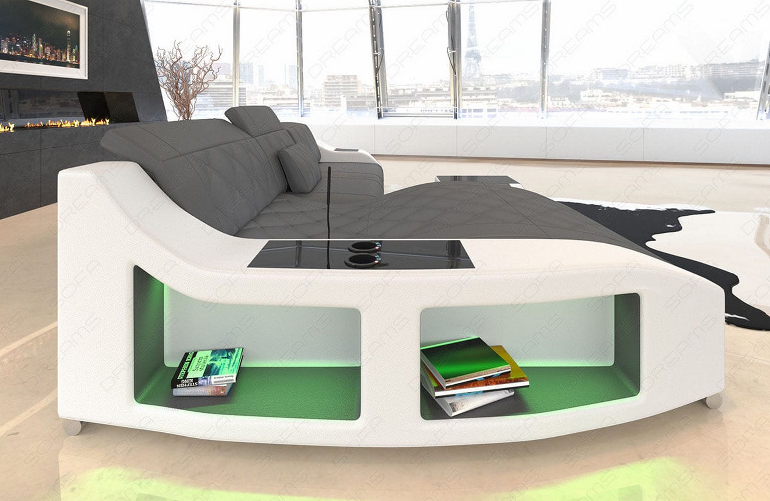 Mini Couch Swing L-Form in Leder Grau-Weiß