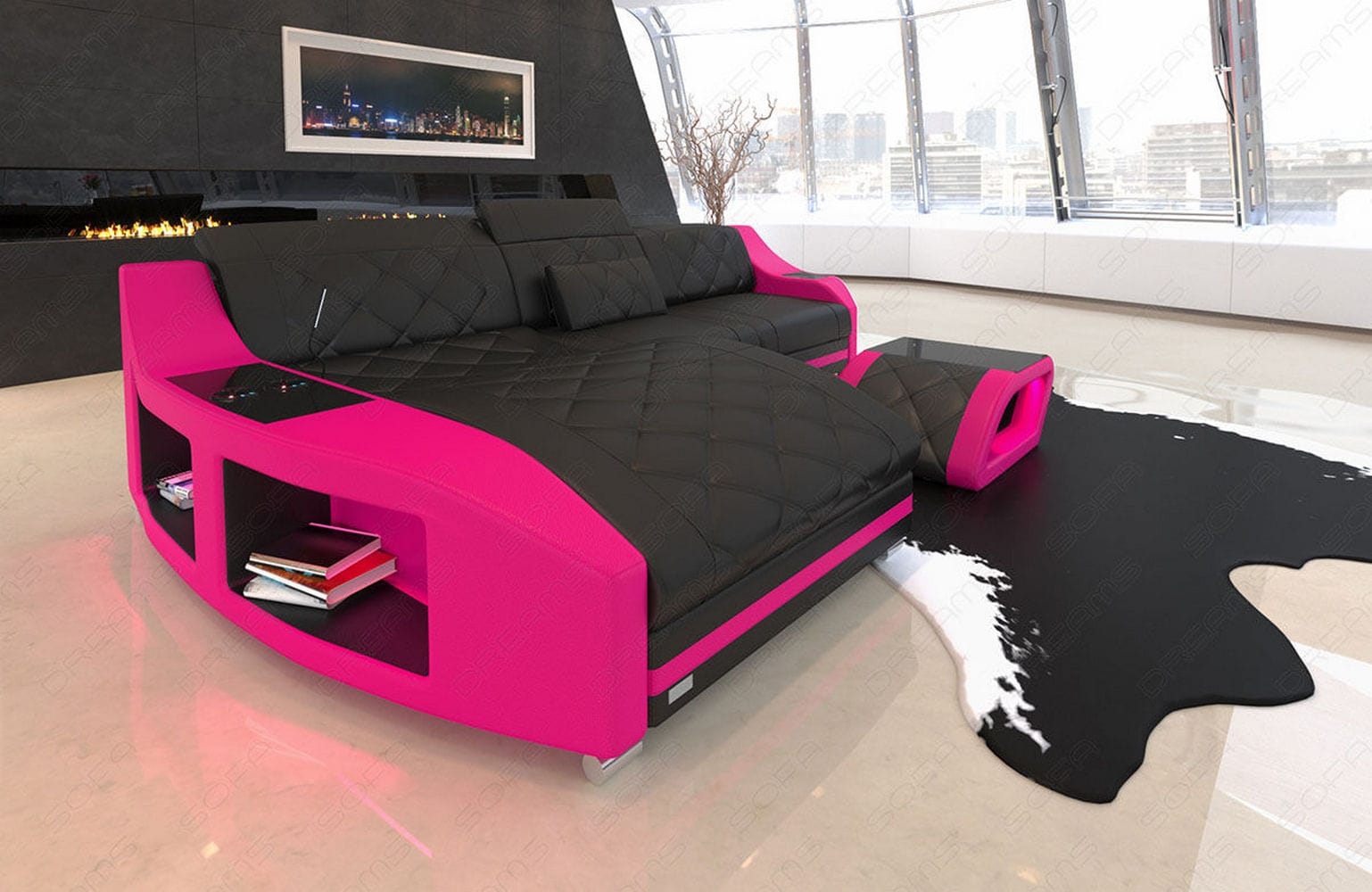 Mini Couch Swing L-Form in Leder Schwarz-Pink