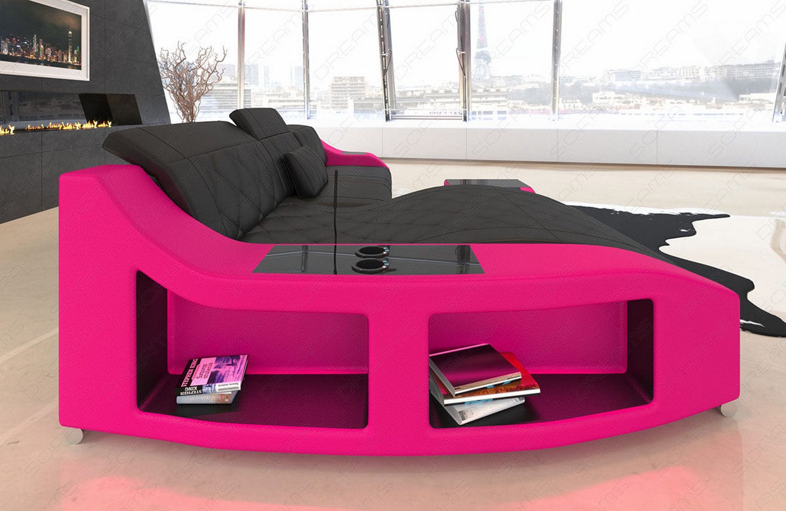 Mini Couch Swing L-Form in Leder Schwarz-Pink