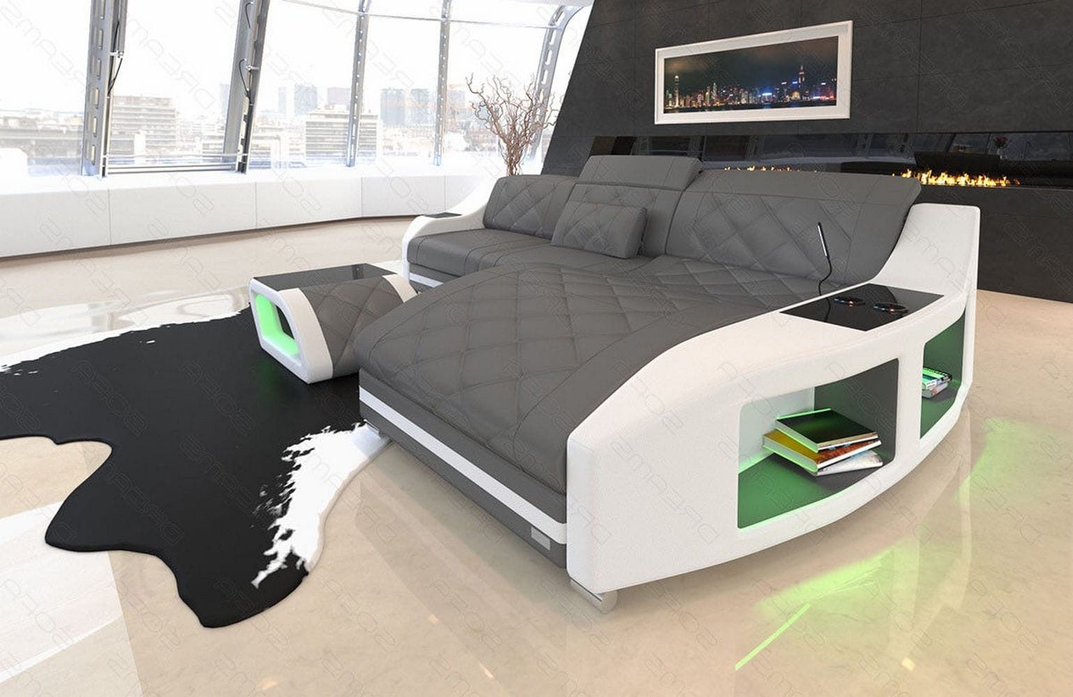 Ecksofa Swing L Form Leder mit LED Beleuchtung grau-weiß