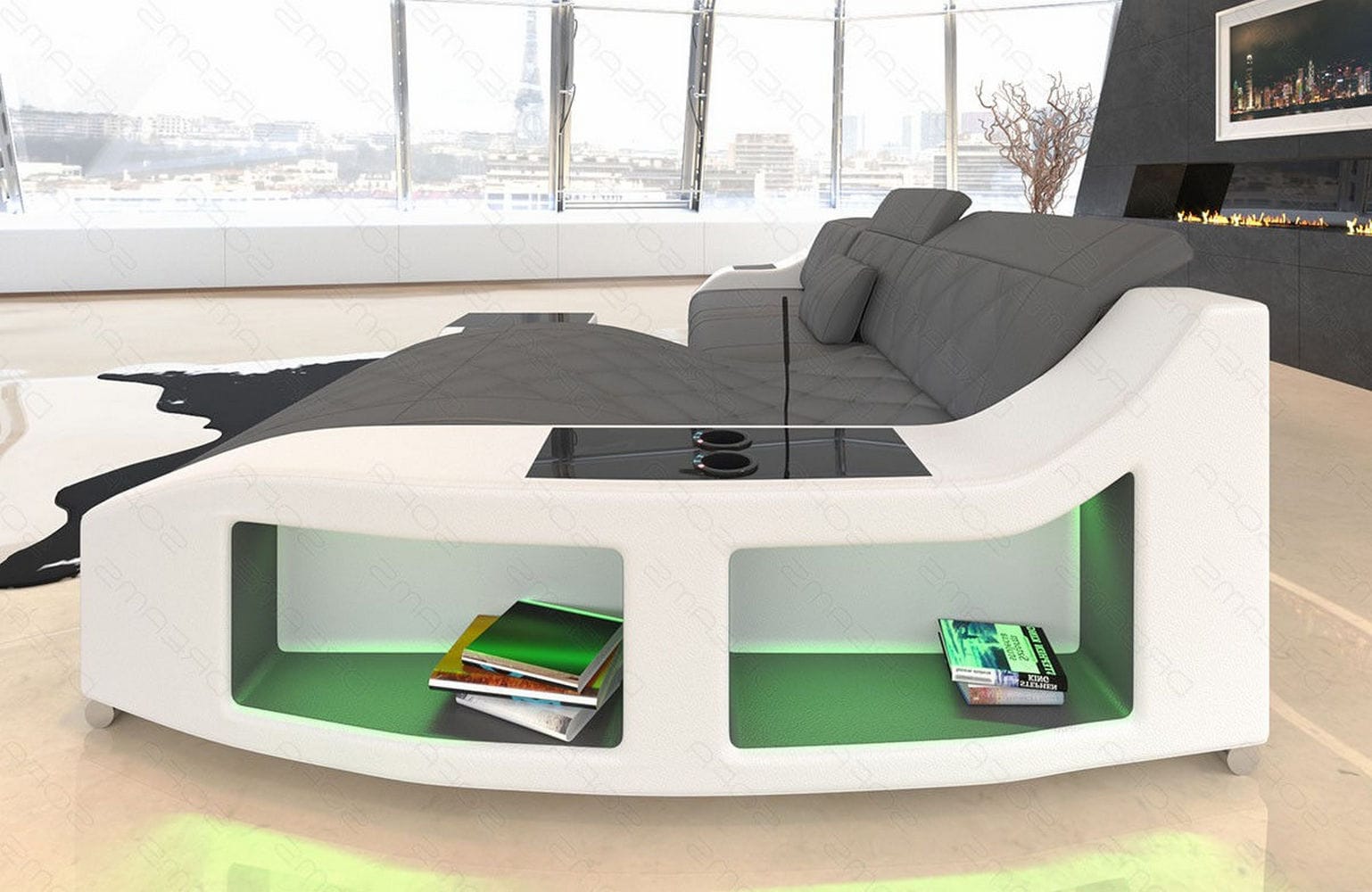 Ecksofa Swing L Form Leder mit LED Beleuchtung grau-weiß