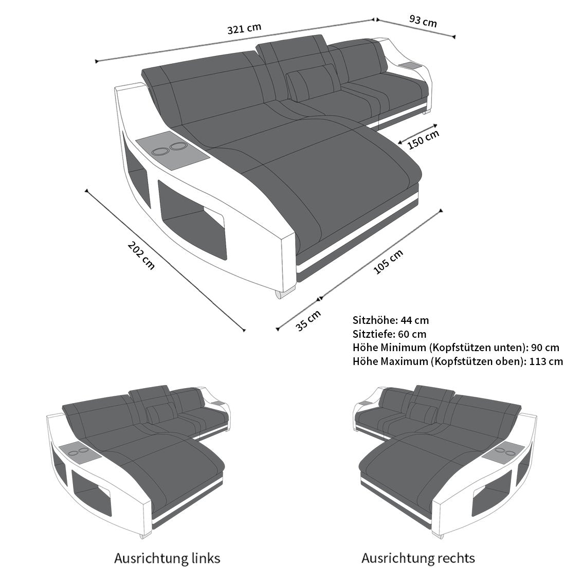 Leder Ecksofa Swing L-Form – Komfort & Eleganz weiß-schwarz