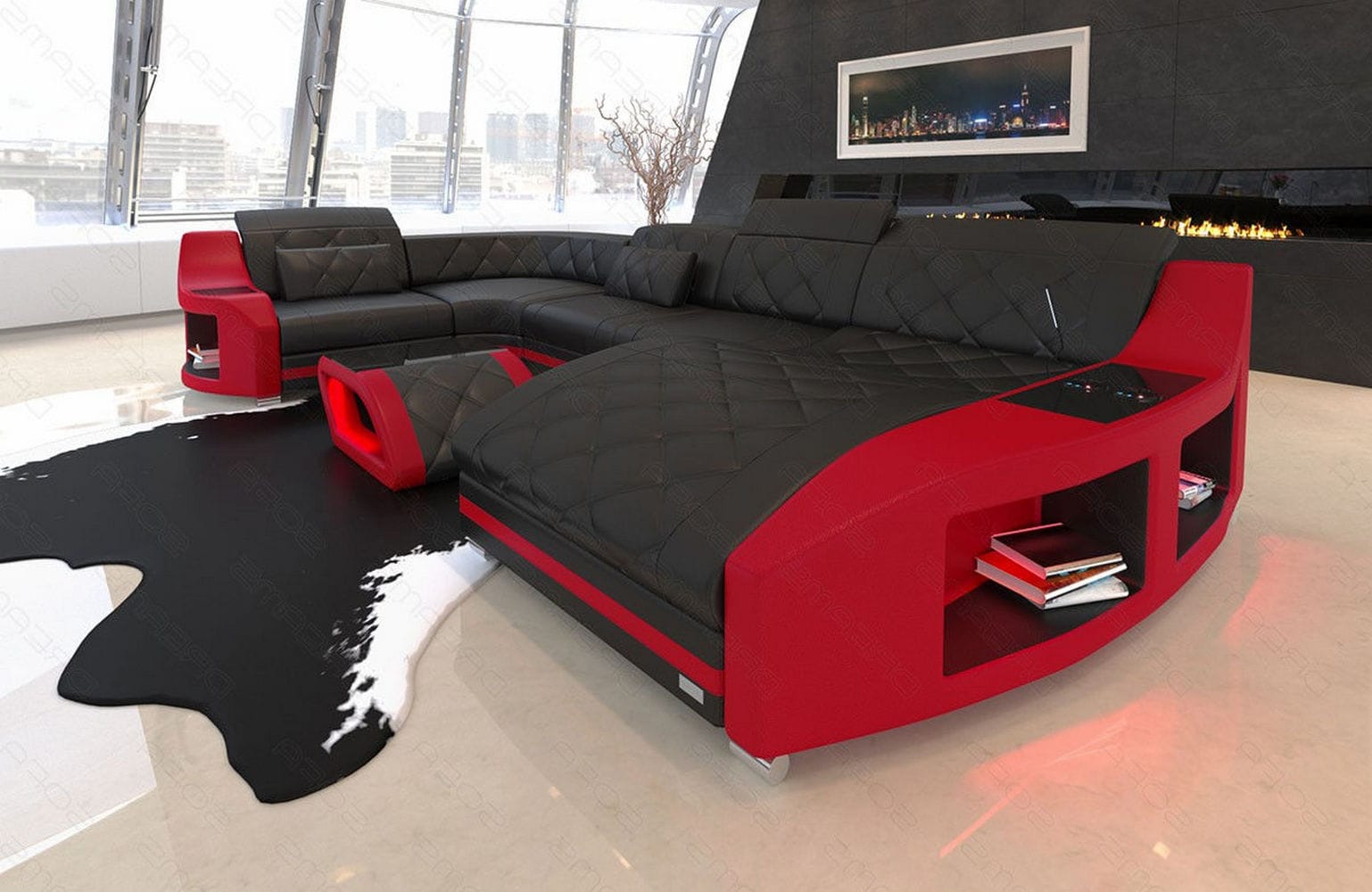 Mini Wohnlandschaft Swing U-Form in Leder Schwarz-Rot