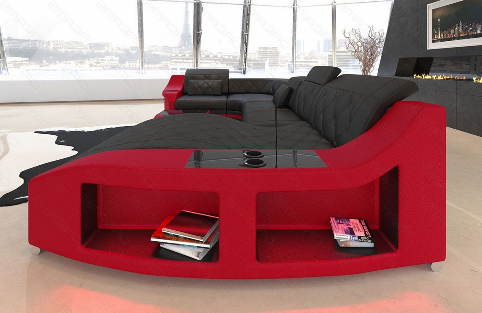 Mini Wohnlandschaft Swing U-Form in Leder Schwarz-Rot