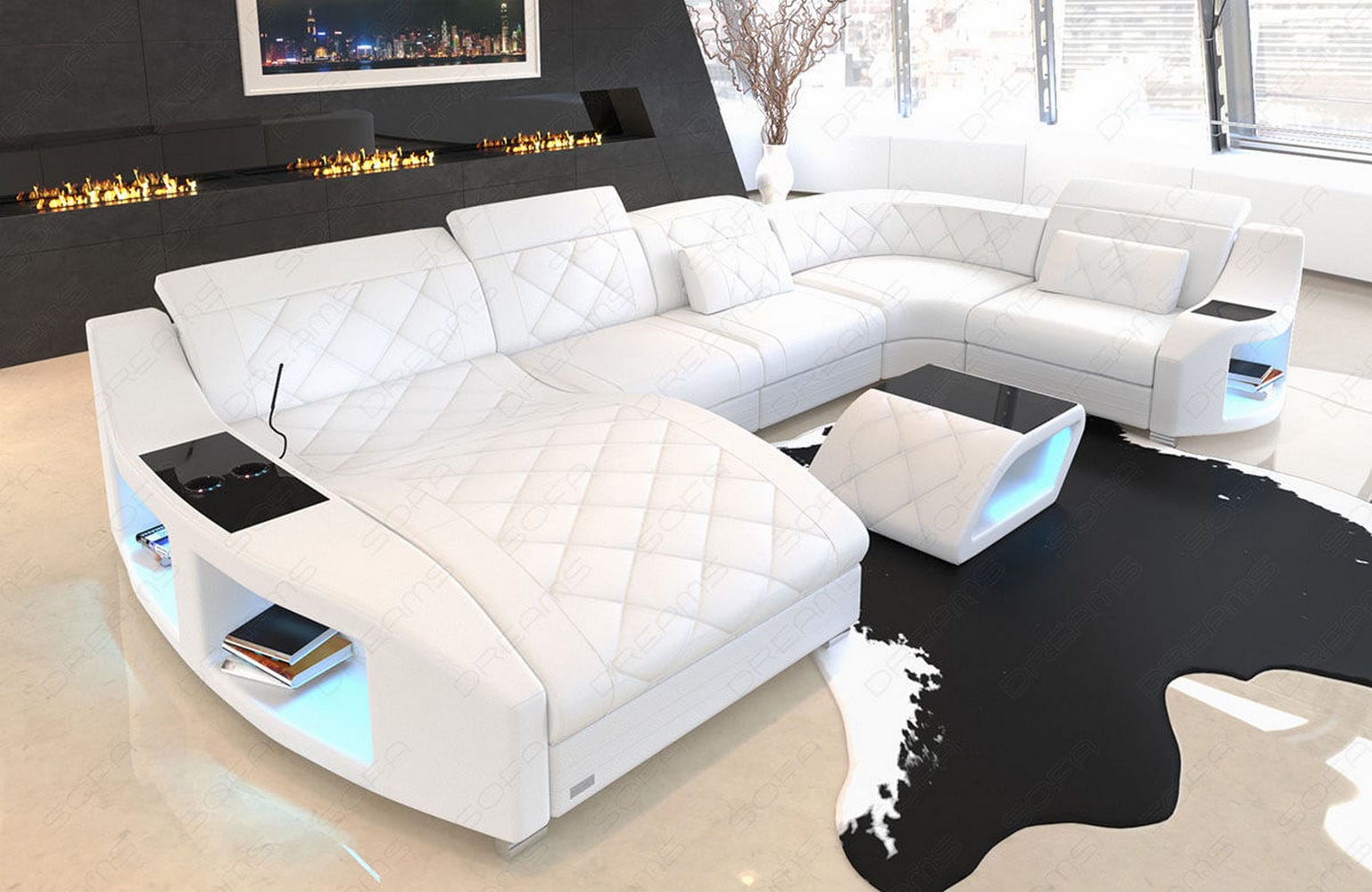 Mini Wohnlandschaft Swing U-Form in Leder Weiß