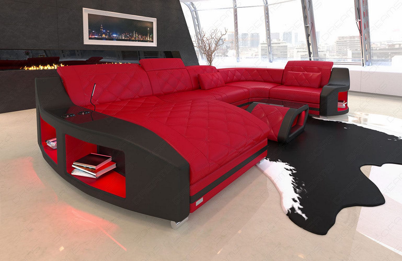 Mini Wohnlandschaft Swing U-Form in Leder Rot-Schwarz