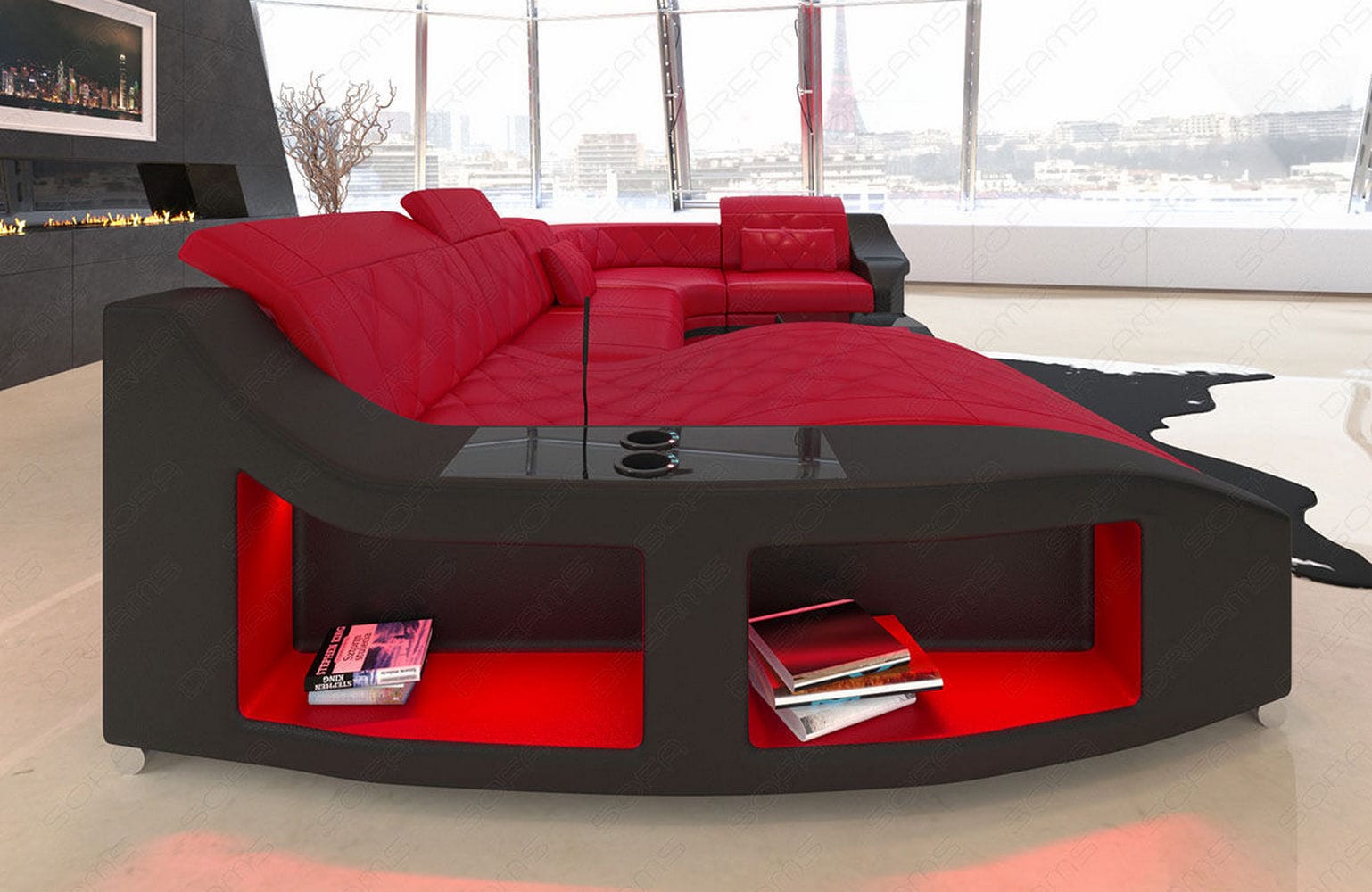 Mini Wohnlandschaft Swing U-Form in Leder Rot-Schwarz