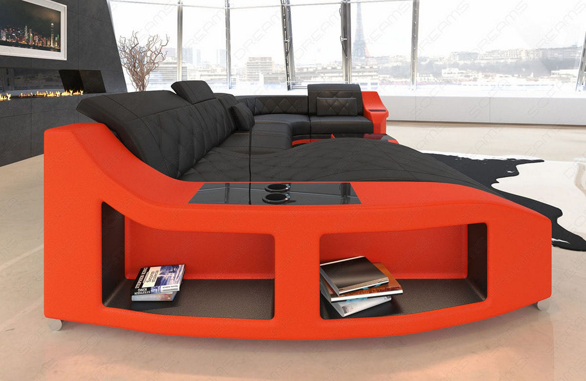 Mini Wohnlandschaft Swing U-Form in Leder Schwarz-Orange