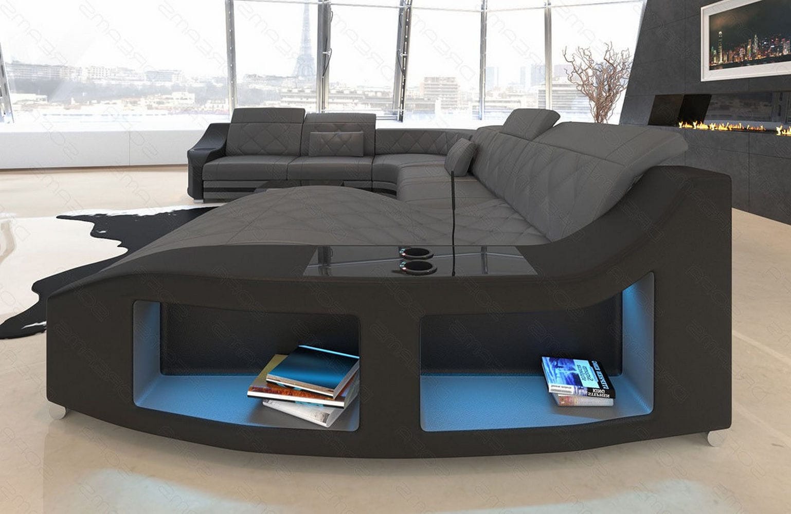 Mini Wohnlandschaft Swing XXL U-Form in Leder grau-schwarz