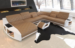 Mini Wohnlandschaft Swing XXL U-Form in Leder Sandbeige-Weiß