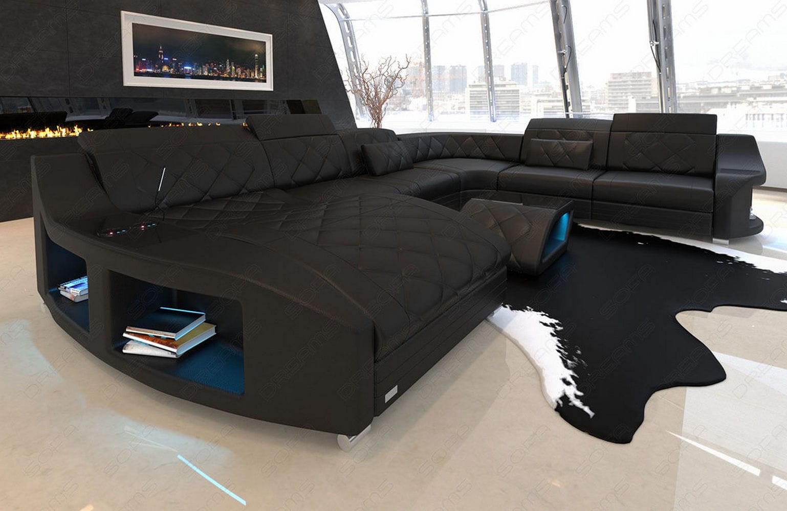 XXL Wohnlandschaft Swing aus Leder schwarz