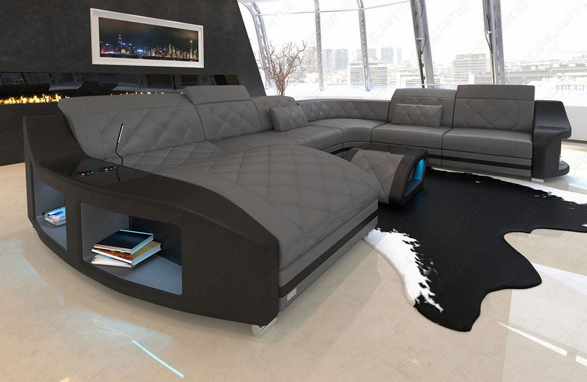 XXL Wohnlandschaft Swing U-Form aus Leder grau-schwarz