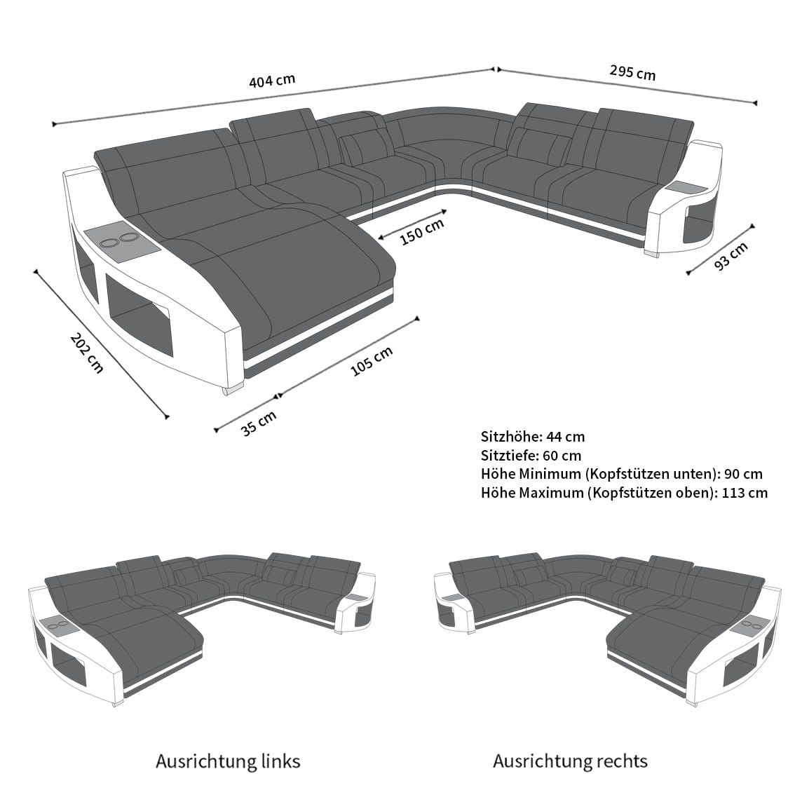XXL Wohnlandschaft Swing U-Form aus Leder grau-schwarz