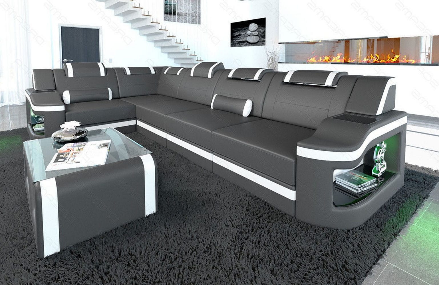Mini Ecksofa Padua L-Form aus Leder grau-weiß