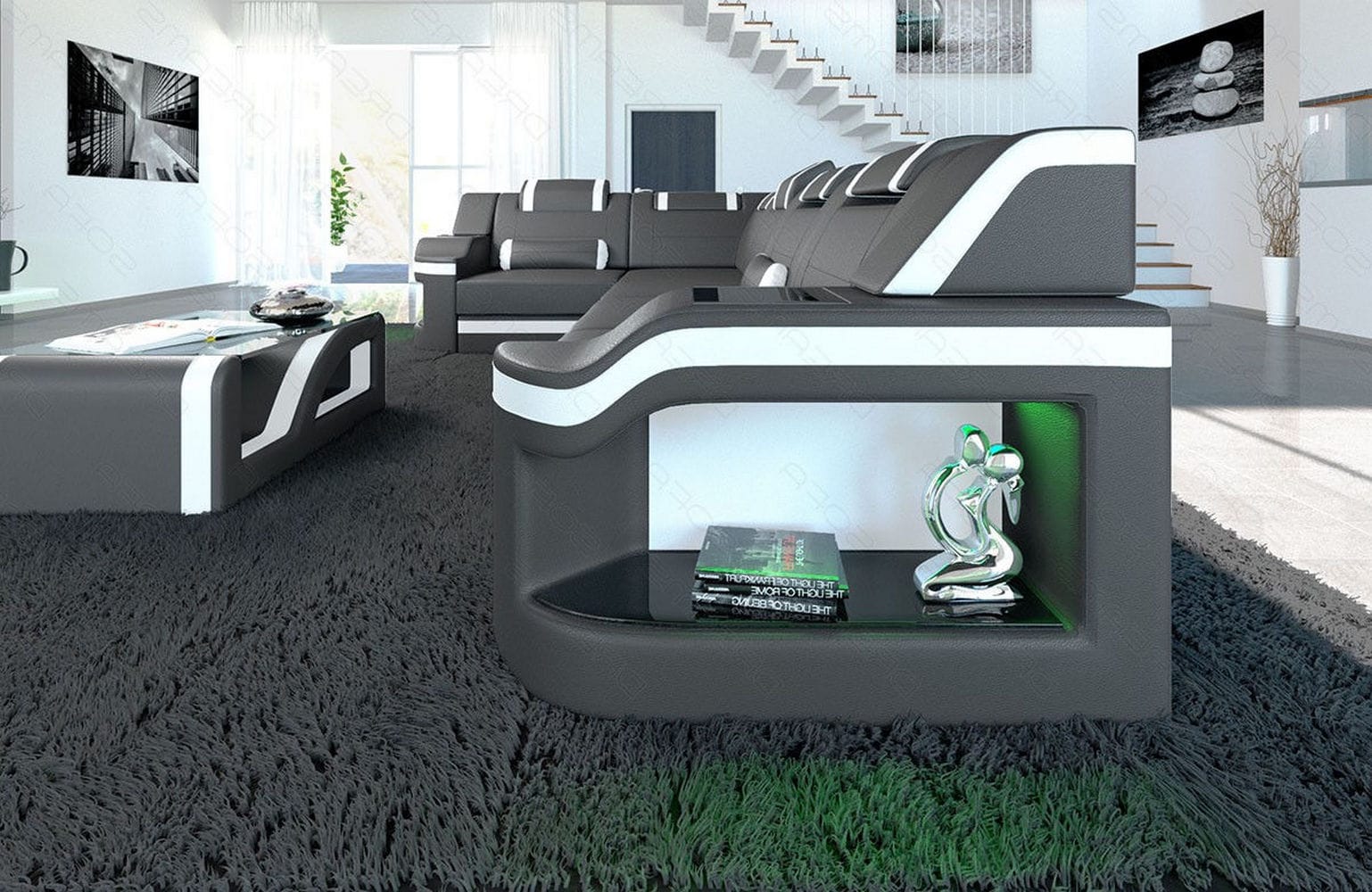 Mini Ecksofa Padua L-Form aus Leder grau-weiß
