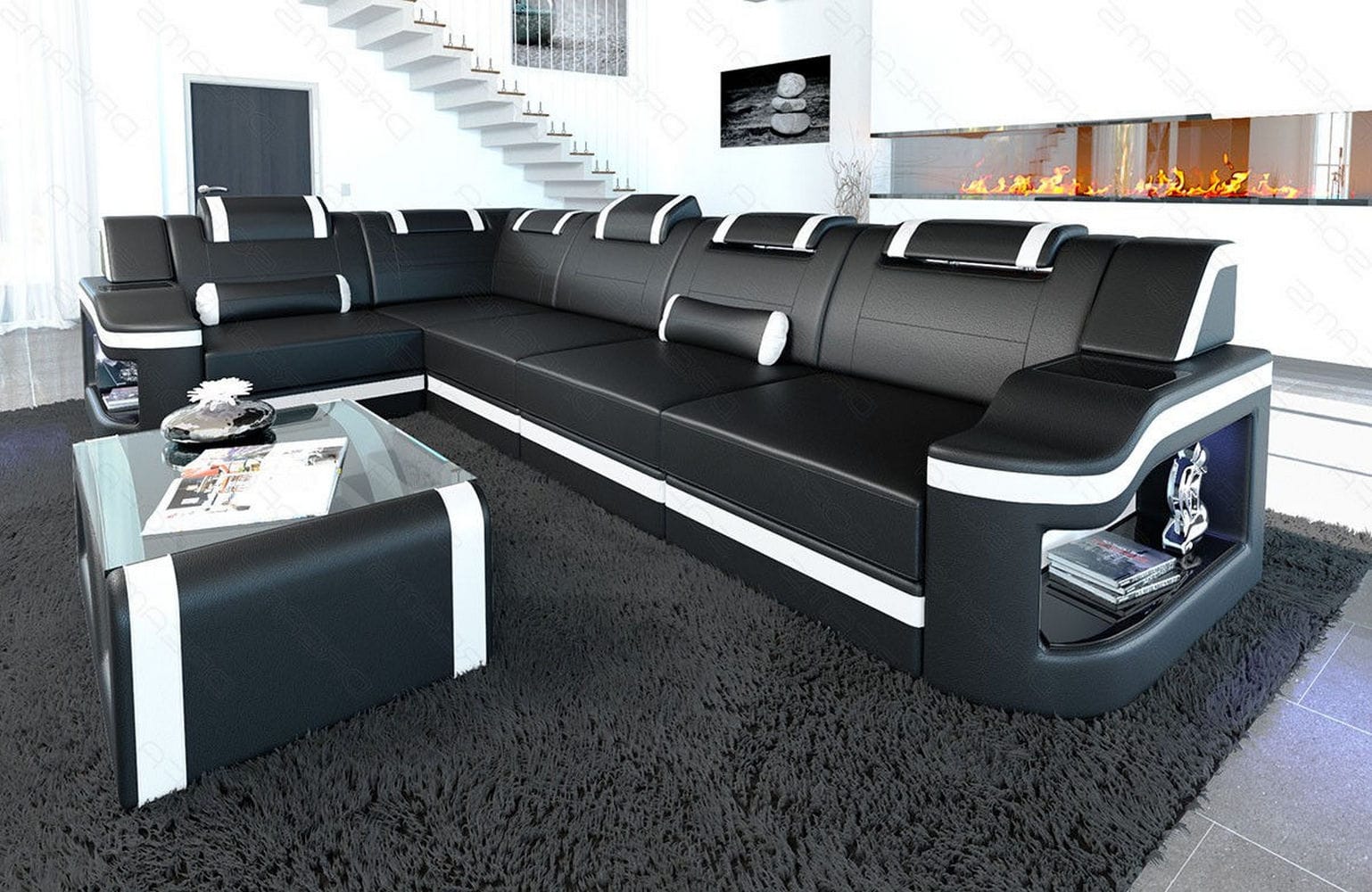 Mini Ecksofa Padua L-Form aus Leder Schwarz-Weiß