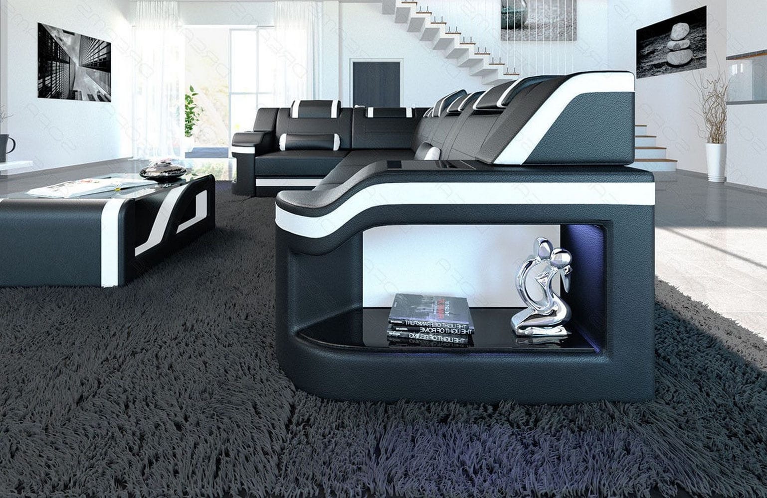 Mini Ecksofa Padua L-Form aus Leder Schwarz-Weiß