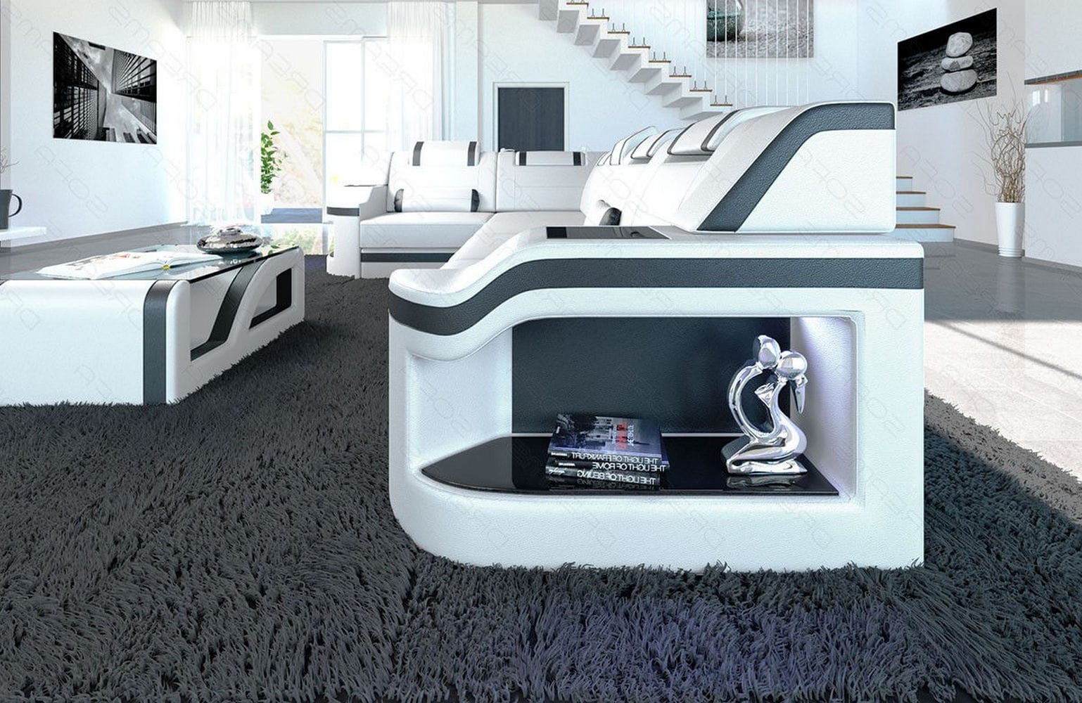 Mini Ecksofa Padua L-Form aus Leder Weiß-Schwarz