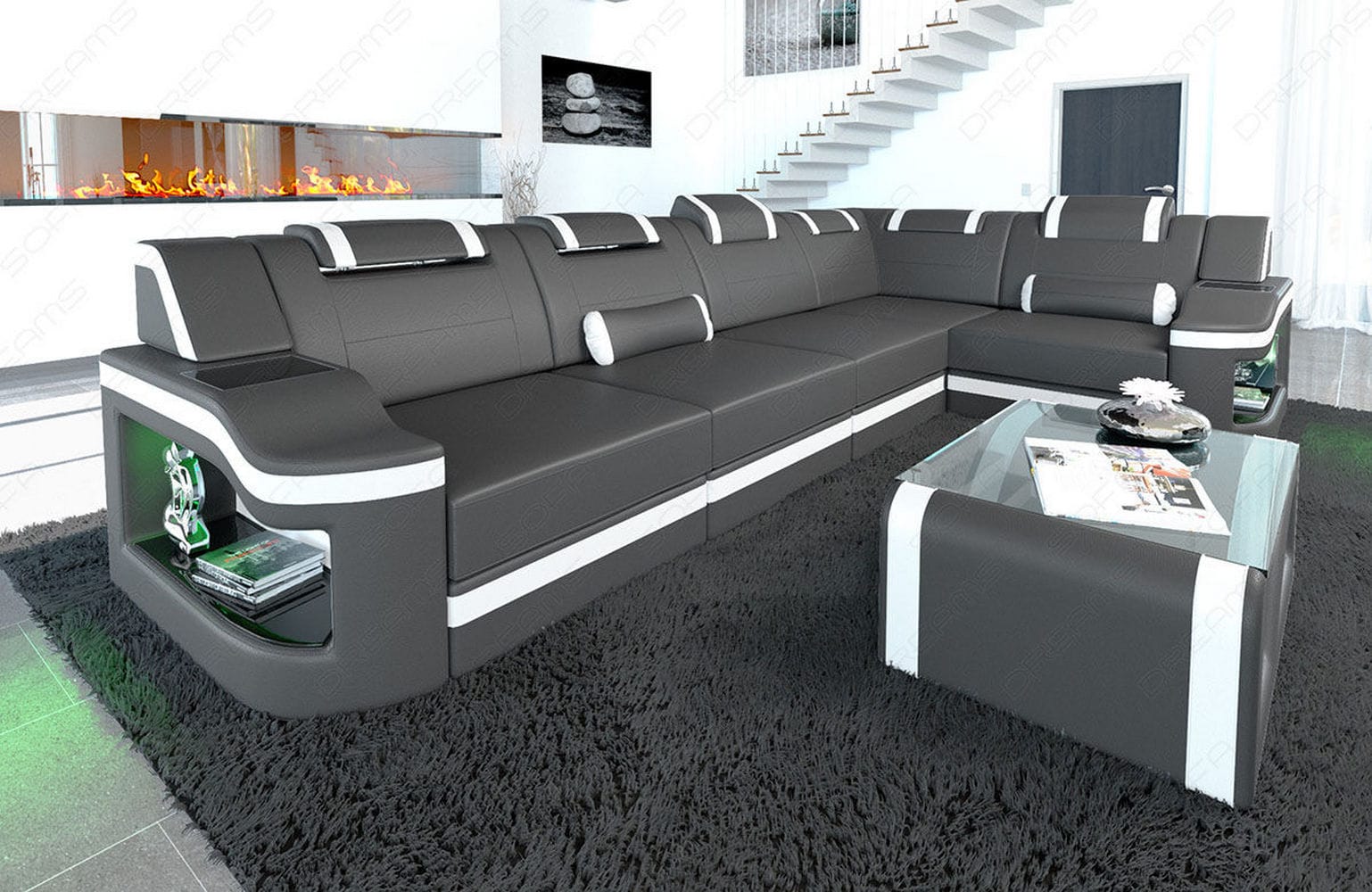 Mini Ecksofa Padua L-Form aus Leder grau-weiß