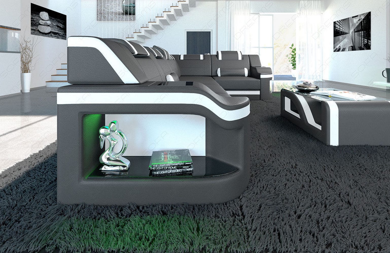 Mini Ecksofa Padua L-Form aus Leder grau-weiß