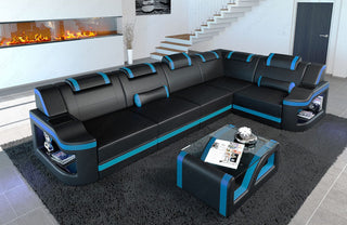 Mini Ecksofa Padua L-Form aus Leder Schwarz-Blau