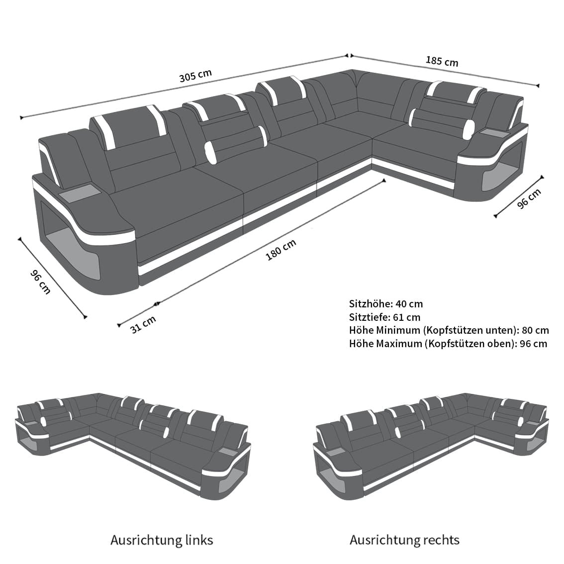 Mini Ecksofa Padua L-Form aus Leder Schwarz-Blau