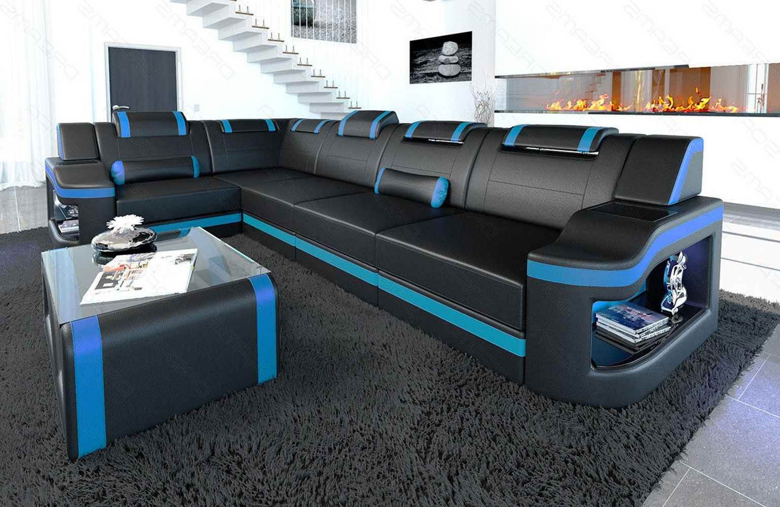 Leder Ecksofa Padua L – Modern & Komfortabel schwarz-blau
