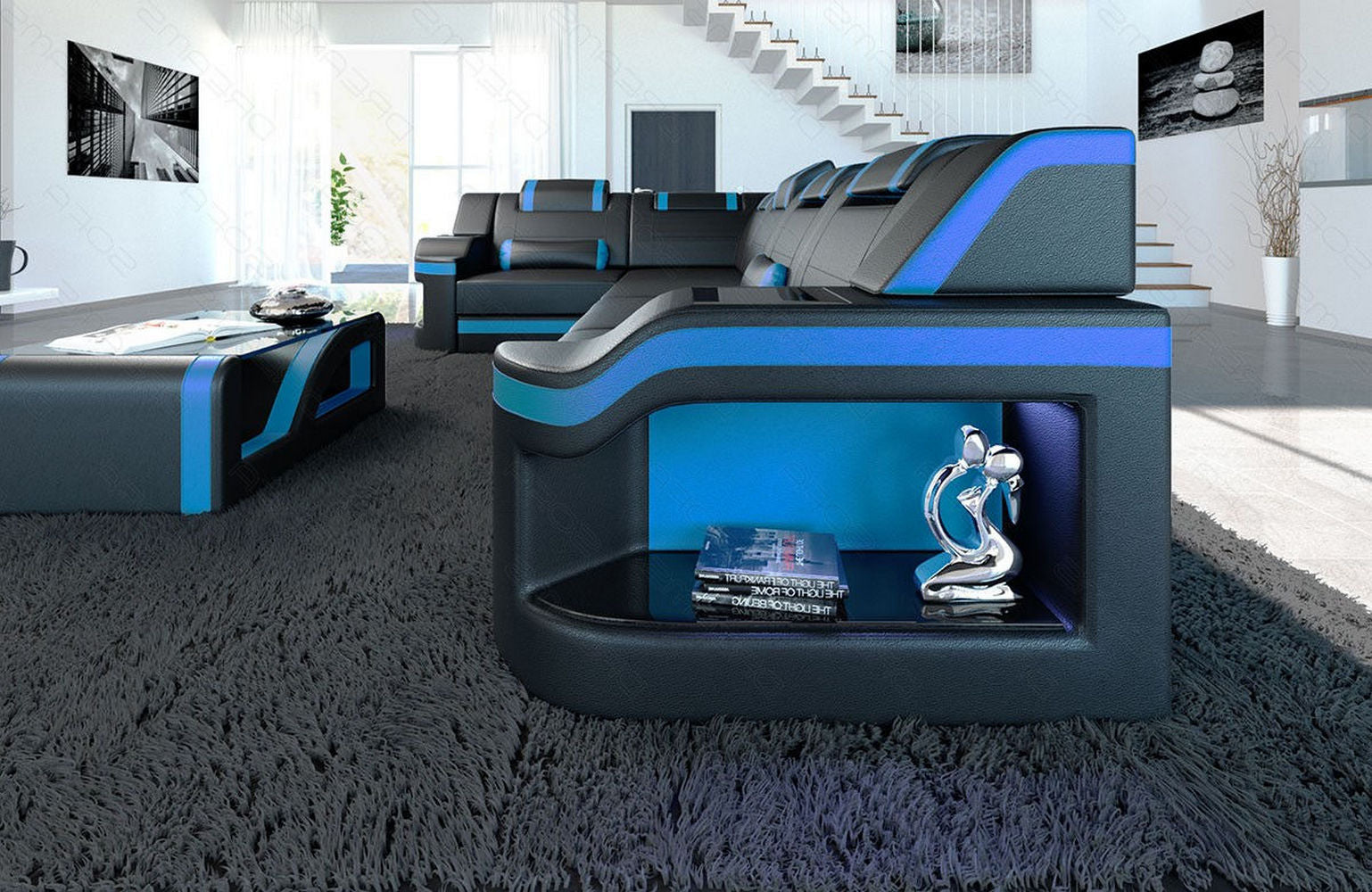 Leder Ecksofa Padua L – Modern & Komfortabel schwarz-blau