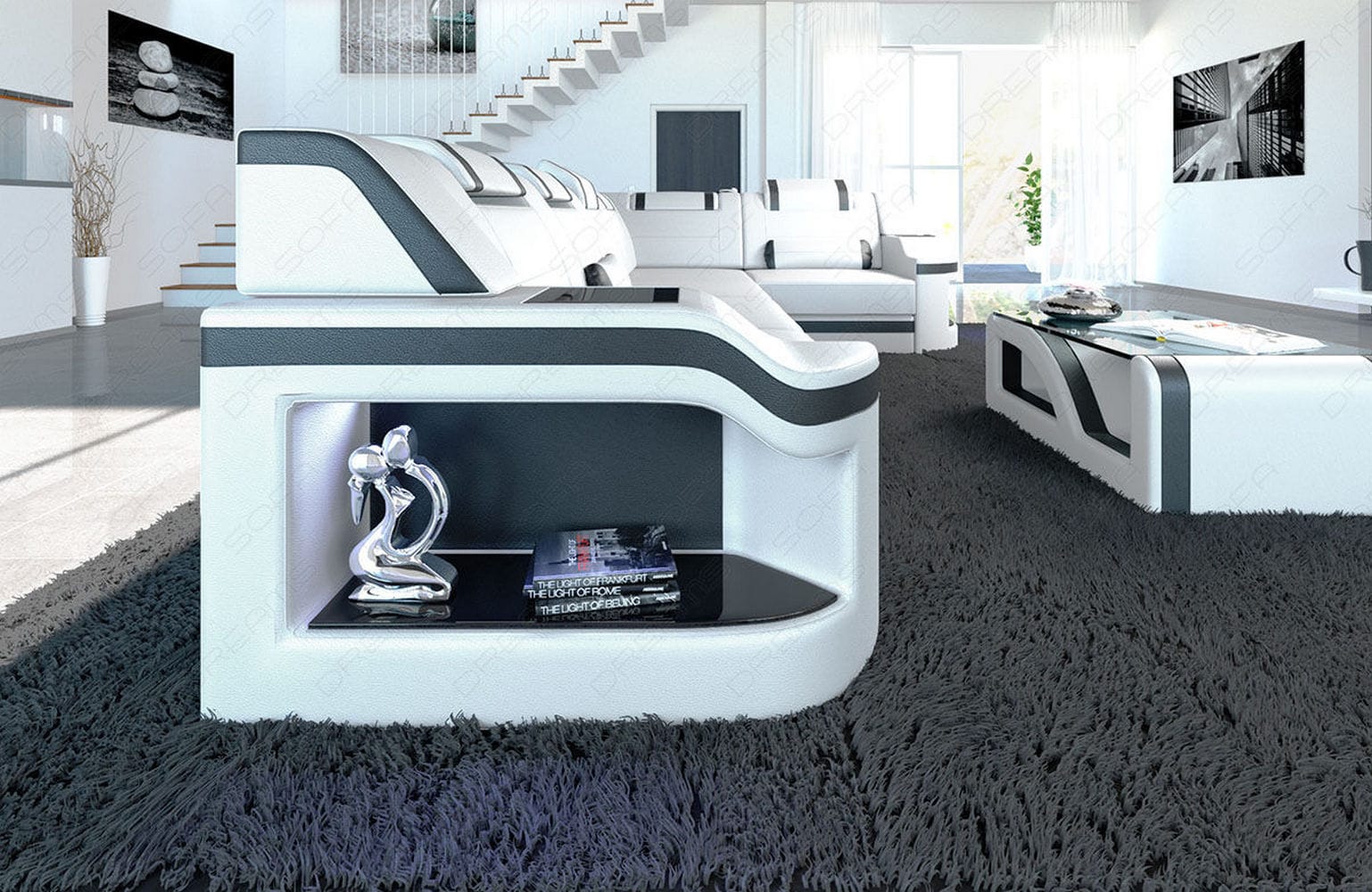 Leder Ecksofa Padua L Form mit LED Beleuchtung weiß-schwarz
