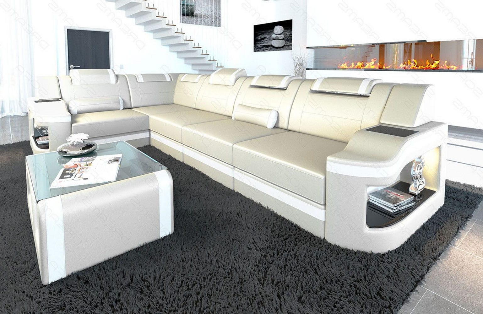 Leder Ecksofa Padua L Form mit LED Beleuchtung beige-weiß
