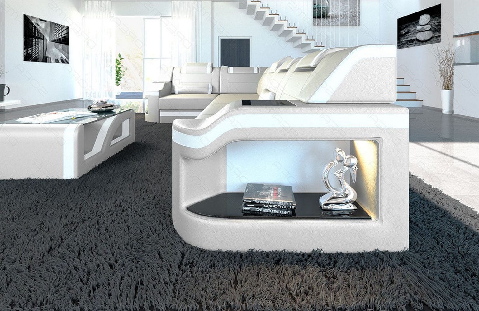 Leder Ecksofa Padua L Form mit LED Beleuchtung beige-weiß