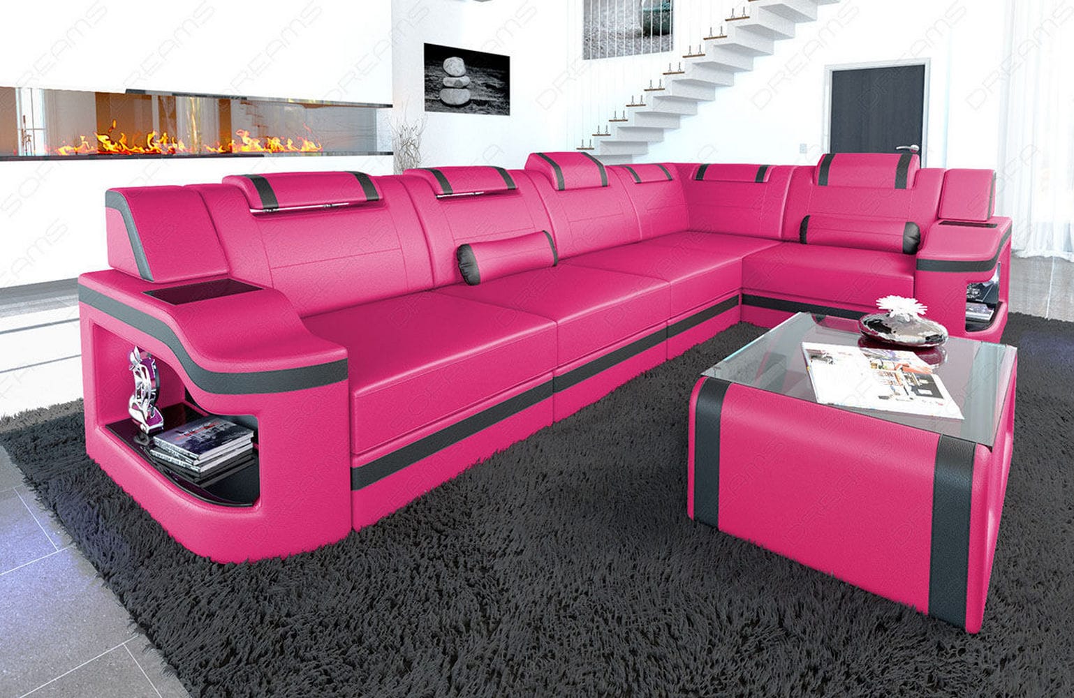 Leder Ecksofa Padua L – Modern & Komfortabel pink-schwarz
