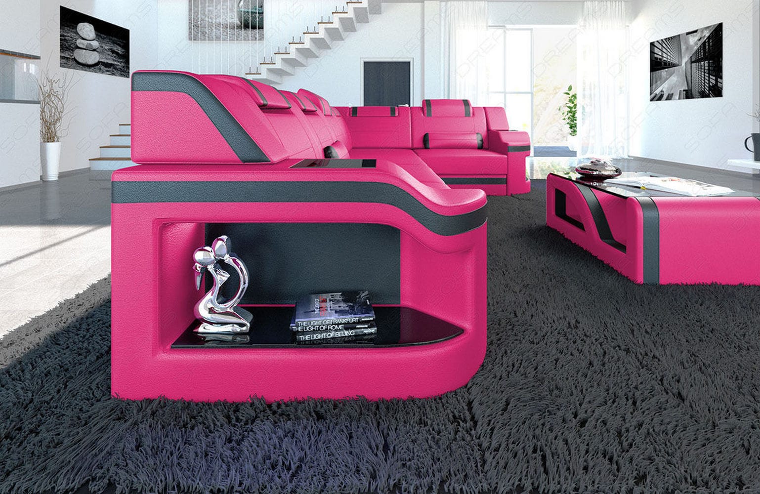 Leder Ecksofa Padua L – Modern & Komfortabel pink-schwarz