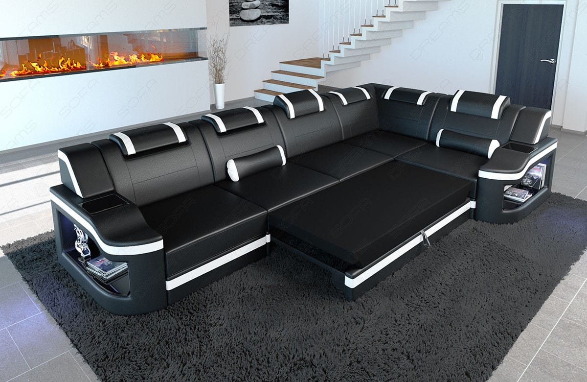 Leder Ecksofa Padua L Form mit LED Beleuchtung schwarz-blau