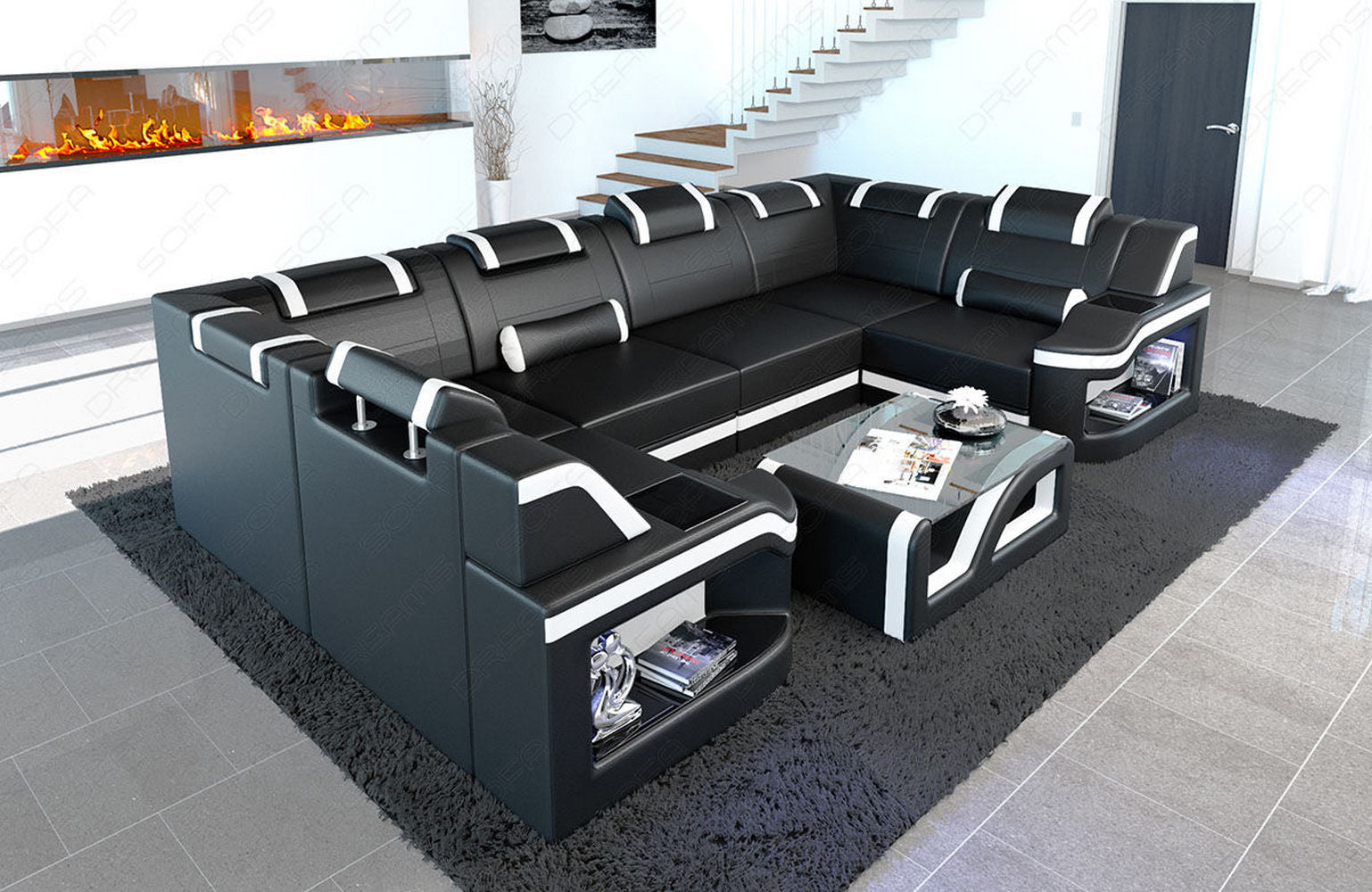 Mini Leder Wohnlandschaft Padua U-Form Schwarz-Weiß