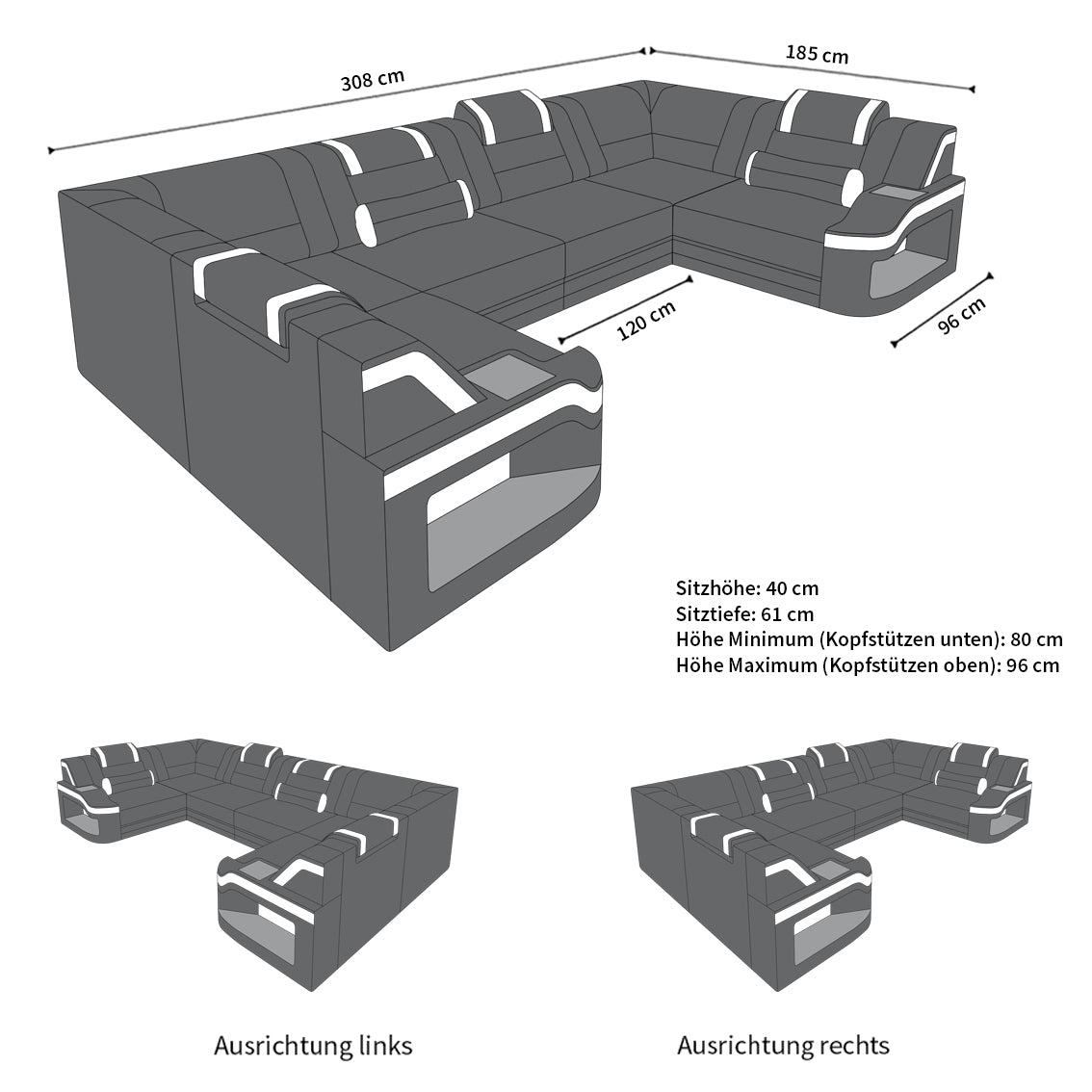 Mini Leder Wohnlandschaft Padua U-Form Schwarz-Weiß